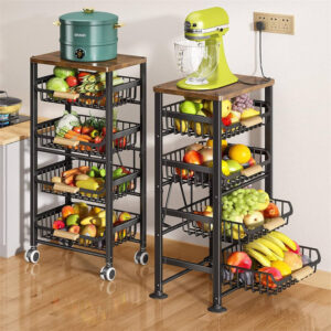 Cesto di frutta, carrello portaoggetti e organizer da cucina a 5 ripiani con cestini estraibili e piano in legno, carrello da cucina con ruote per frutta, patate, cipolle, verdure, snack e prodotti alimentari