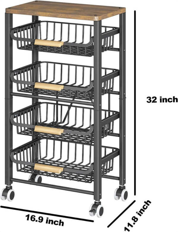 Cesto di frutta, carrello portaoggetti e organizer da cucina a 5 ripiani con cestini estraibili e piano in legno, carrello da cucina con ruote per frutta, patate, cipolle, verdure, snack e prodotti alimentari